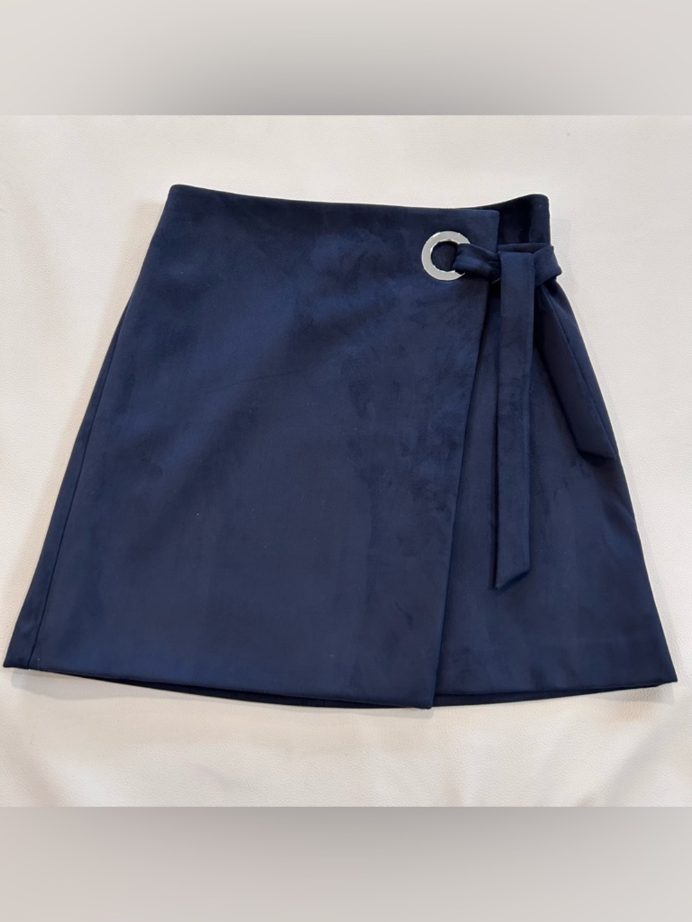 LOFT Navy Wrap Faux Suede Mini Skirt with Silver Ring Detail